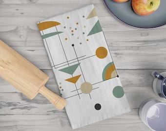 Mid Century Tea Towel, Modern Art Kitchen Towel, Retro Craftsman Dish Towel, Atomic, Bahaus, Neutral, Sage Green, Mustard Yellow Gold, Gift