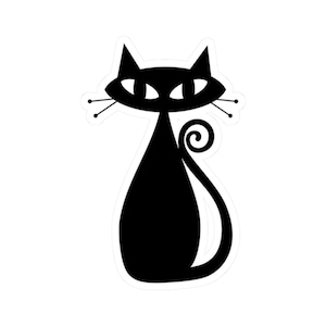 May include: Black silhouette of a cat with a curled tail. The cat has large eyes and a simple design.