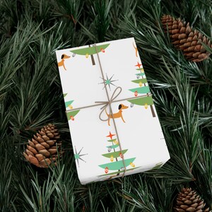 Wrapping Paper, Retro Mid Century Modern Christmas Tree with Dog and Atomic Starburst Clock Design - Xmas Gift Wrap, Vintage Christmas