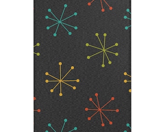Mid Century Rug Black Retro Rug with Colorful Atomic Starbursts Modern MCM Area Rug Funky Space Age Home Decor Accent