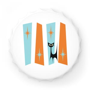 May include: White bottle cap with a mid-century modern design. The design features a black cat silhouette, orange and light blue vertical shapes, and starburst accents. A retro-style graphic.