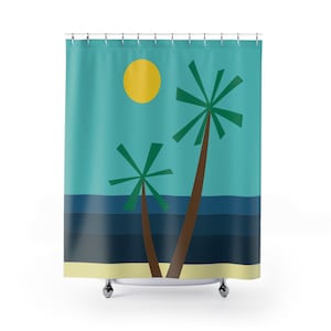 Palm Tree Shower Curtain, Beach Shower Curtain, Beach Scene Landscape Shower Curtain, Sun, Summer, Sea Shore, Sandy Beach, Ocean Bathroom