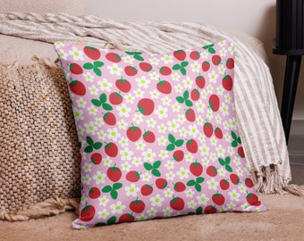 Strawberry Throw Pillow, Pink Strawberry Pillow, Pink and Red Accent Pillow, Strawberry Living Room Decor, Cottage Core Bedroom Decor