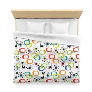 Retro Cat Duvet Cover, Mid Century Modern Bedding, Colorful MCM Bedroom Decor, Mod Black Cats, Queen King Twin XL, Atomic Cat Bedding
