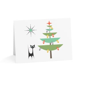 Christmas Cards Retro Mid Century Modern Atomic Cat Christmas Tree Starburst 50s Inspired Vintage Holiday Style Unique Festive Greeting Card