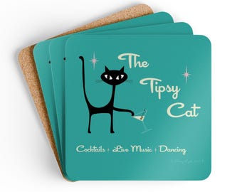 Mid Century Modern Atomic Cat Coasters, Retro Cocktail Cat Coaster Set of 4, Vintage Style Drink Coasters