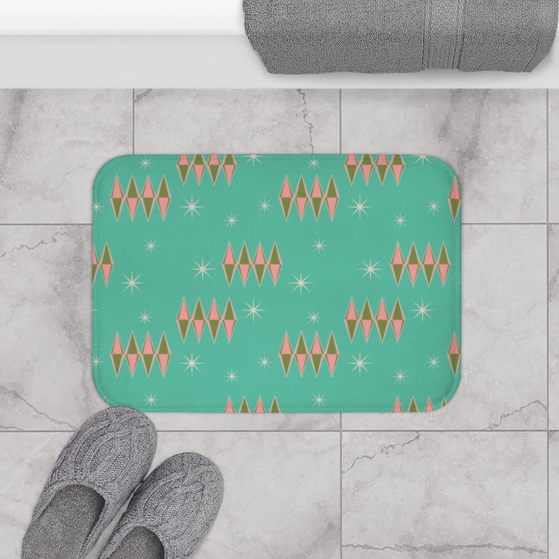 Mid Century Modern Bath Mat, Turquoise and Pink Atomic Starburst and ...