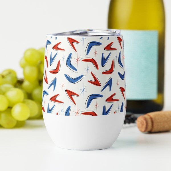 4th of July Wine Tumbler for BBQ, Picnic, or Camping, Stainless Steel, Mid-Century Modern Retro Boomerang, Red White and Blue, Hostess Gift
