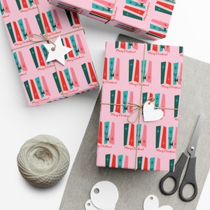 Black Cat Christmas Wrapping Paper, Atomic Mid-Century Modern Gift Wrap, Pastel Pink Present, Vintage Holiday, MCM, Mid Mod, Eco Friendly