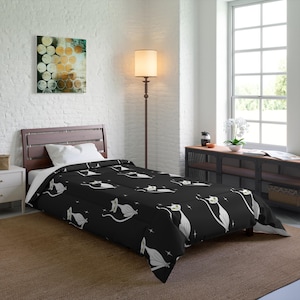 Cat Comforter, Kids Bedding, Cat Lover Gift, Girl Bedroom Decor, Whimsical Bedspread, Black and White, Bold Fun Design, Cozy Warm Blanket
