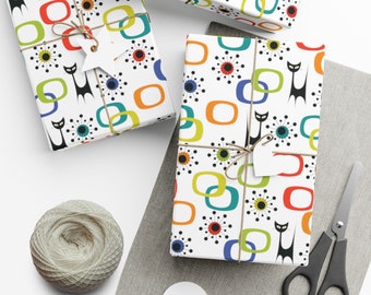 Atomic Cat Wrapping Paper: Mid Century Modern Colorful Starburst Gift Wrap