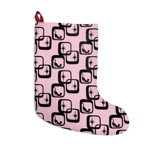 Pink Christmas Stocking, Mid-Century Modern Atomic Cat X-Mas, Atomic Starbursts, Christmas Gift for Her, Vintage Holiday Decor, Mid Mod, MCM