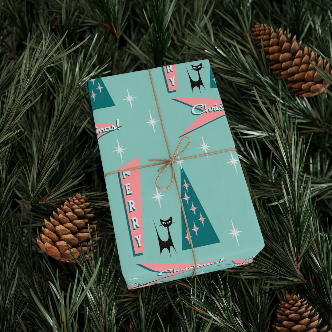 Mid Century Modern Christmas Wrapping Paper, Retro Atomic Cat Gift Wrap ...