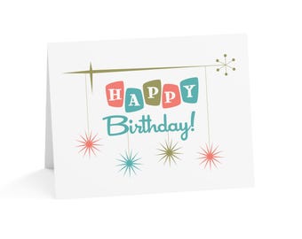 Mid-Century Modern Birthday Cards: Atomic Starburst, Vintage Style (Set)