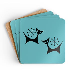Coaster Set, Retro Atomic Cat Coasters, Aqua Blue Teal Birthday Gift, Mid Century Modern, Vintage Style MCM Home Decor, atomic starburst