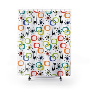Cortina de chuveiro com estampa de gato atômico, decoração de banheiro moderna de meados do século, cortina de banho colorida - MCM Gift