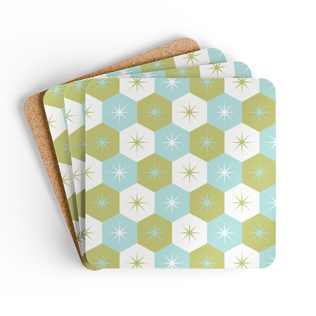 Mid Century Modern Coasters, Atomic Starburst Coasters Set of 4, Green ...