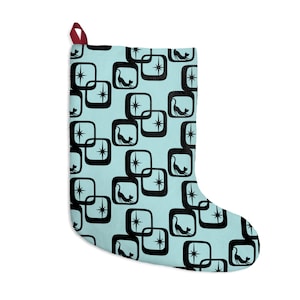 Christmas Stocking, Aqua Blue, Mid-Century Modern Atomic Cat X-Mas, Atomic Starbursts, Christmas Gift, Vintage Holiday Decor, Mid Mod, MCM