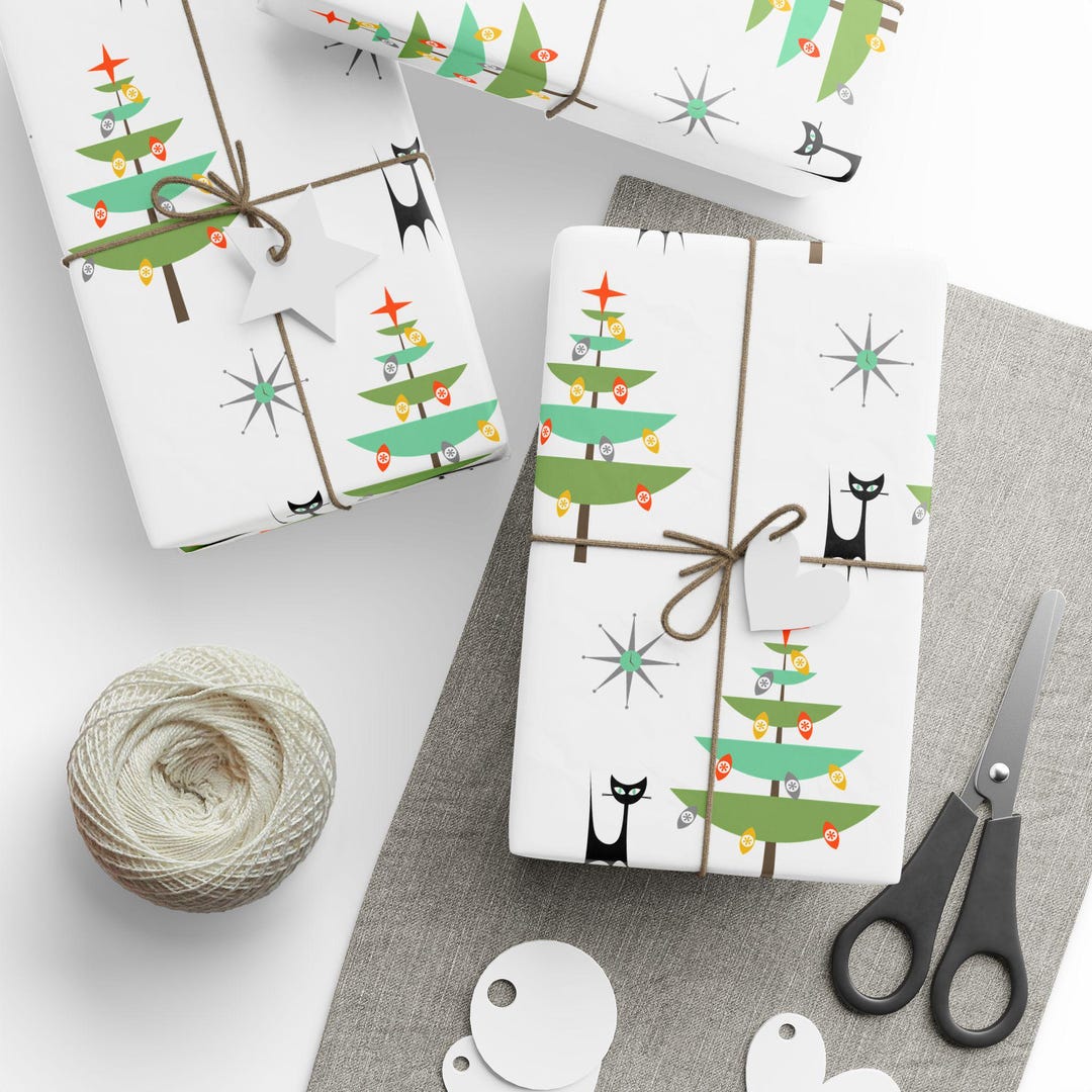 Mid Century Modern Christmas Wrapping Paper, Retro Atomic Cat Gift Wrap ...