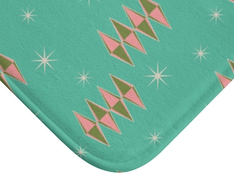 Mid Century Modern Bath Mat, Turquoise and Pink Atomic Starburst and Diamond Bathroom Decor, Mid Mod, MCM, Retro 1950s, 1960s, Space Age