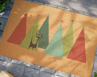 Mid Century Modern Christmas Doormat with Atomic Black Cat and Retro Trees, Vintage Holiday Door Mat, Retro Xmas Porch Decor