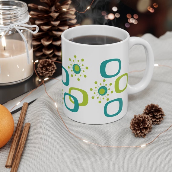 Retro Mid Century Modern Mug, Atomic Starburst Coffee Cup, Teal and Green -  Etsy