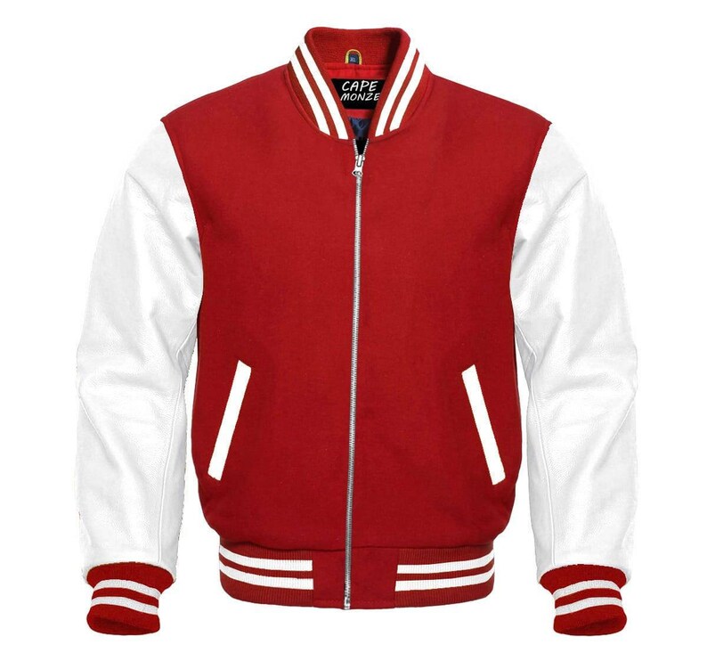 Varsity College Jacket Uni Design Style Bomber Jacket with genuine leather sleeves image 1