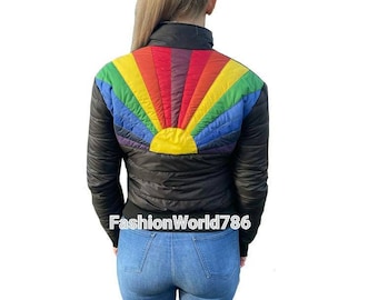 Women Vintage 70s Rainbow Sunrise Jacket Handmade Women Jacket Ski Puffer Jacket