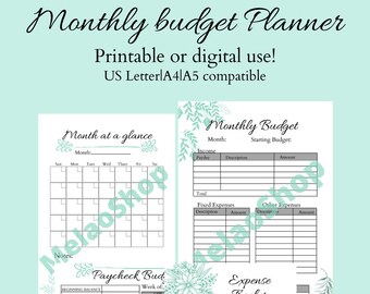 Op de afbeelding: Printbare maandelijkse budgetplanner met secties voor inkomsten, uitgaven, rekeningen, besparingen en een kalender. De planner heeft een bloemmotief met groene bladeren en bloemen.