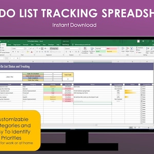 Excel To Do List Organizer and Task Tracking Spreadsheet - Easy to Read Task Management, Digital Download, Highly Visible