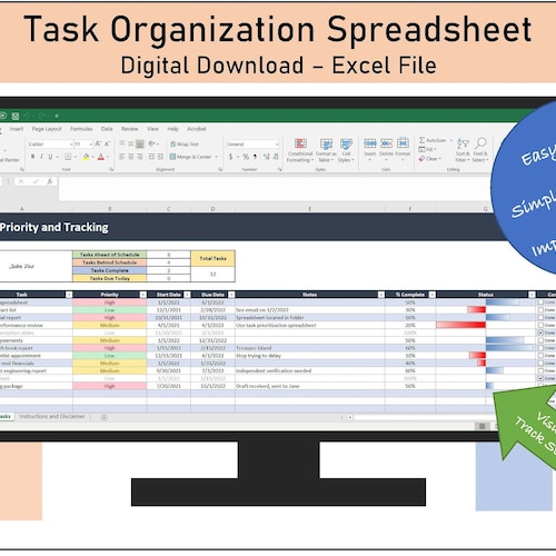 Excel to Do List Organizer and Task Tracking Spreadsheet | Etsy