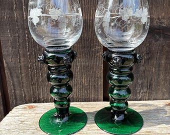 Pair of Etched Roemer Wine Goblets with Green Stems