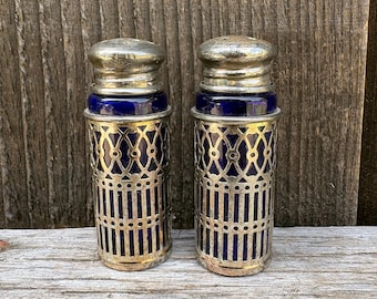Blue Glass and Silver Plate Filagree Salt and Pepper Shakers