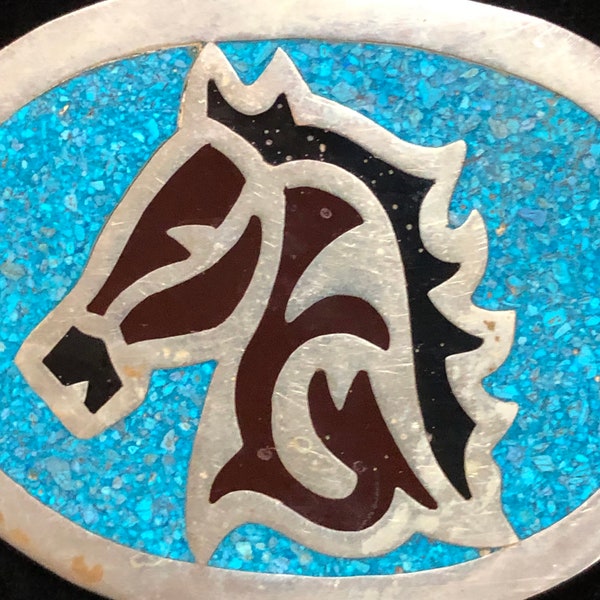 Western Belt Buckle with Turquoise and Horse Head