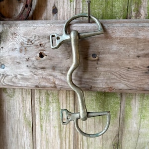 May include: A vintage metal horse bit with a curved mouthpiece and D-ring cheekpieces. The bit is a tarnished silver color and is mounted on a weathered wooden plank. A nail secures the bit to the wood.