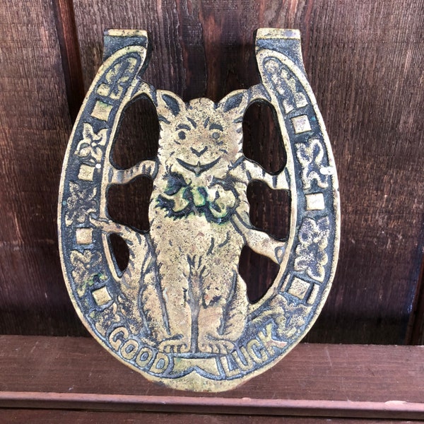 Vintage Good Luck Brass Horseshoe Cat Trivet