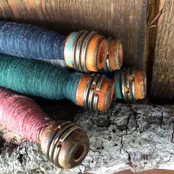 Wooden Weaving Bobbins Spindles w Yarn - Set of 5