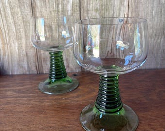Pair of Wine Goblets/Glasses with Green Ribbed Stems
