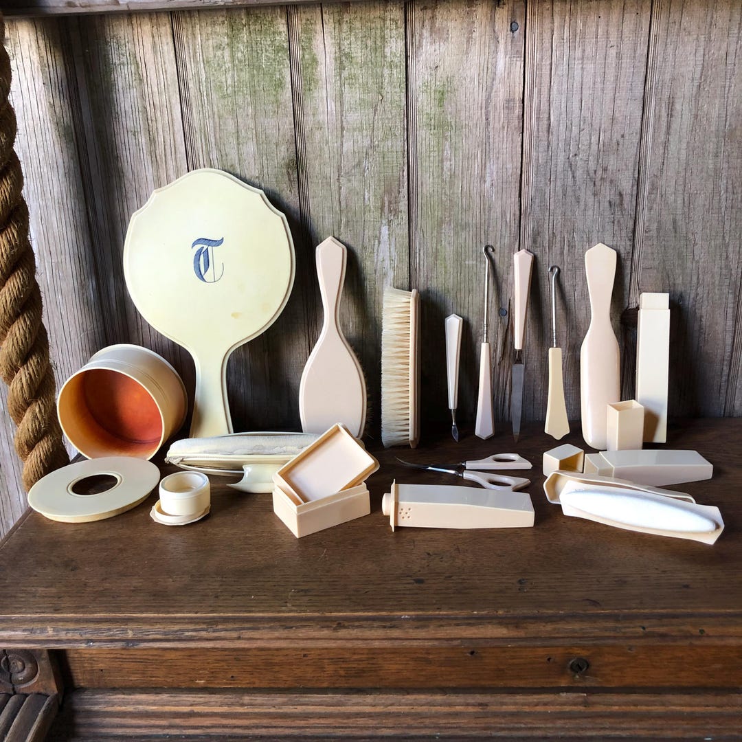 Pyralin Design Large Lot of Vintage Celluloid Vanity Items - Ivory Pyralin Dubarry and ...