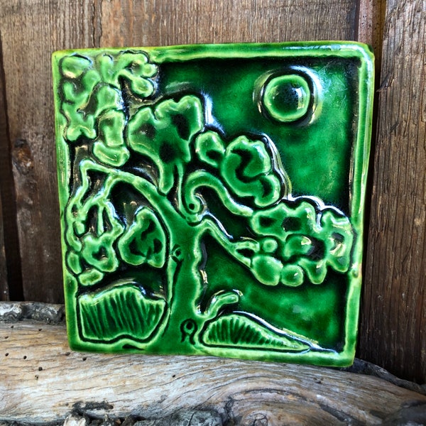 Green Majolica Ceramic Tile - Tree - Stamped DS