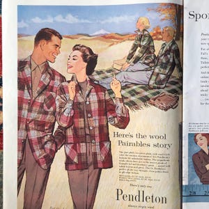 May include: A vintage advertisement featuring illustrations of people wearing red, brown, and grey plaid wool jackets. The text reads Here's the wool Pairables story, There's only one Pendleton, and always virgin wool. A measuring tape shows 28 inches.