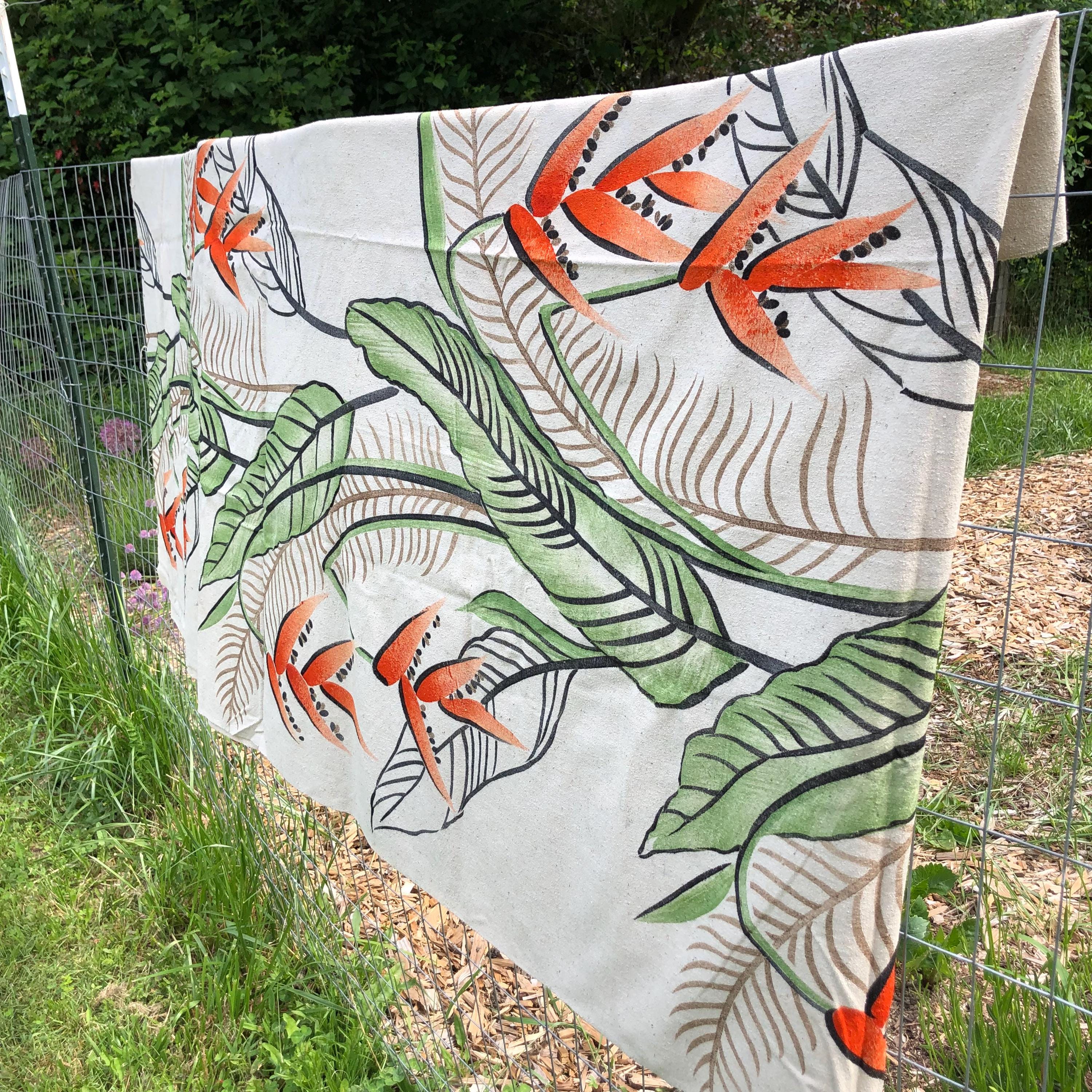 Vintage Tropical Screen Print Fabric - Orange Green - 4 yards