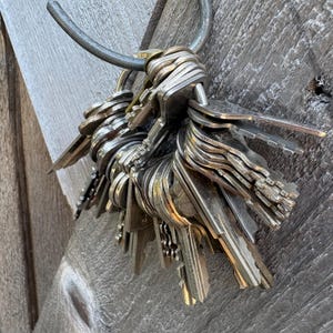 May include: A large, dense collection of various silver-toned metal keys hanging from a thick, curved metal ring. The keys feature diverse blade shapes, teeth patterns, and head designs, all clustered together in a heavy, overlapping metallic bunch.