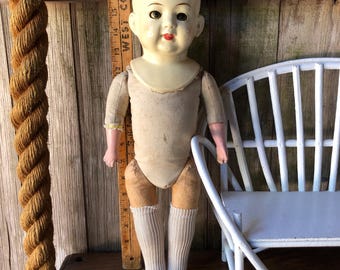 Antique Bisque Black Americana Doll: 1930s Japan, Red Crochet Antique Bisque Black Americana Doll: 1930s Japan, Red Crochet
