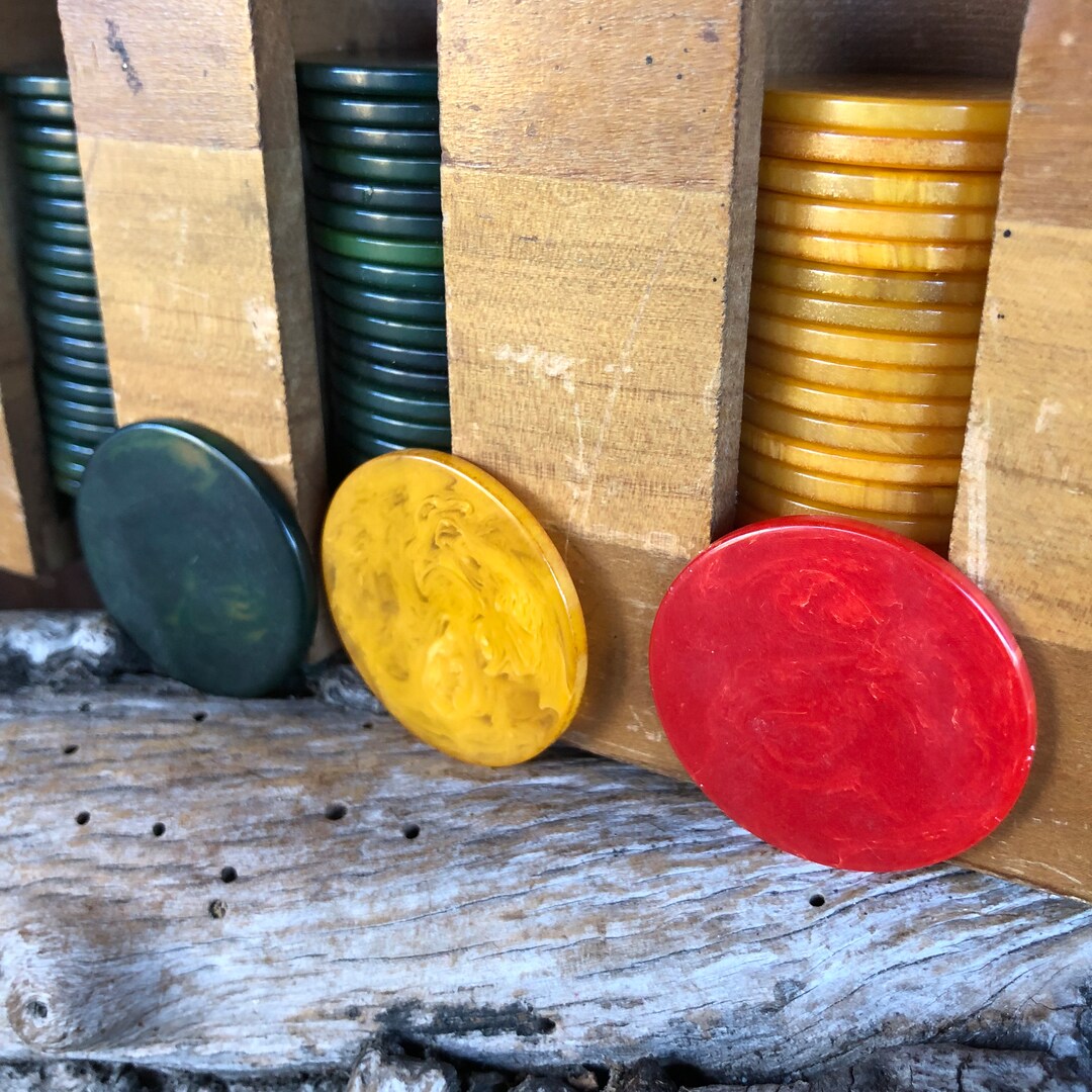 Antique Bakelite Poker Chips With Wood Holder Set of 83 Etsy