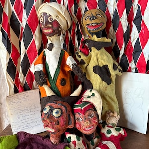 Set of 4 Vintage Papier-mâché Puppets - Hand crafted and Rustic - Jester Dog Devil