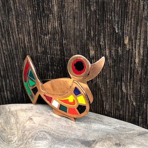 Copper and Enamel Bird Brooch - Colorful Pin