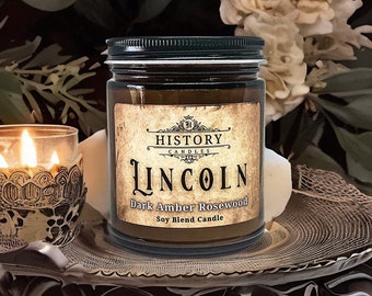 ABRAHAM LINCOLN Soy Candle | Amber Jar Candle | Civil War Candle | History Candle | Vintage Candle | Dark Amber Rosewood