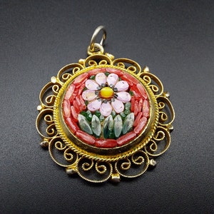 Italian micromosaic floral pendant, gold tone with filigree border, red pink green glass mosaic jewelry
