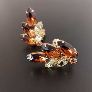 Large brown rhinestone earrings, clip on, set in gold tone, vintage costume jewelry